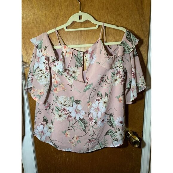 Haute Monde Blouse Business Casual Floral Boho Cottage Cold Shoulder Pink Large - Picture 10 of 10